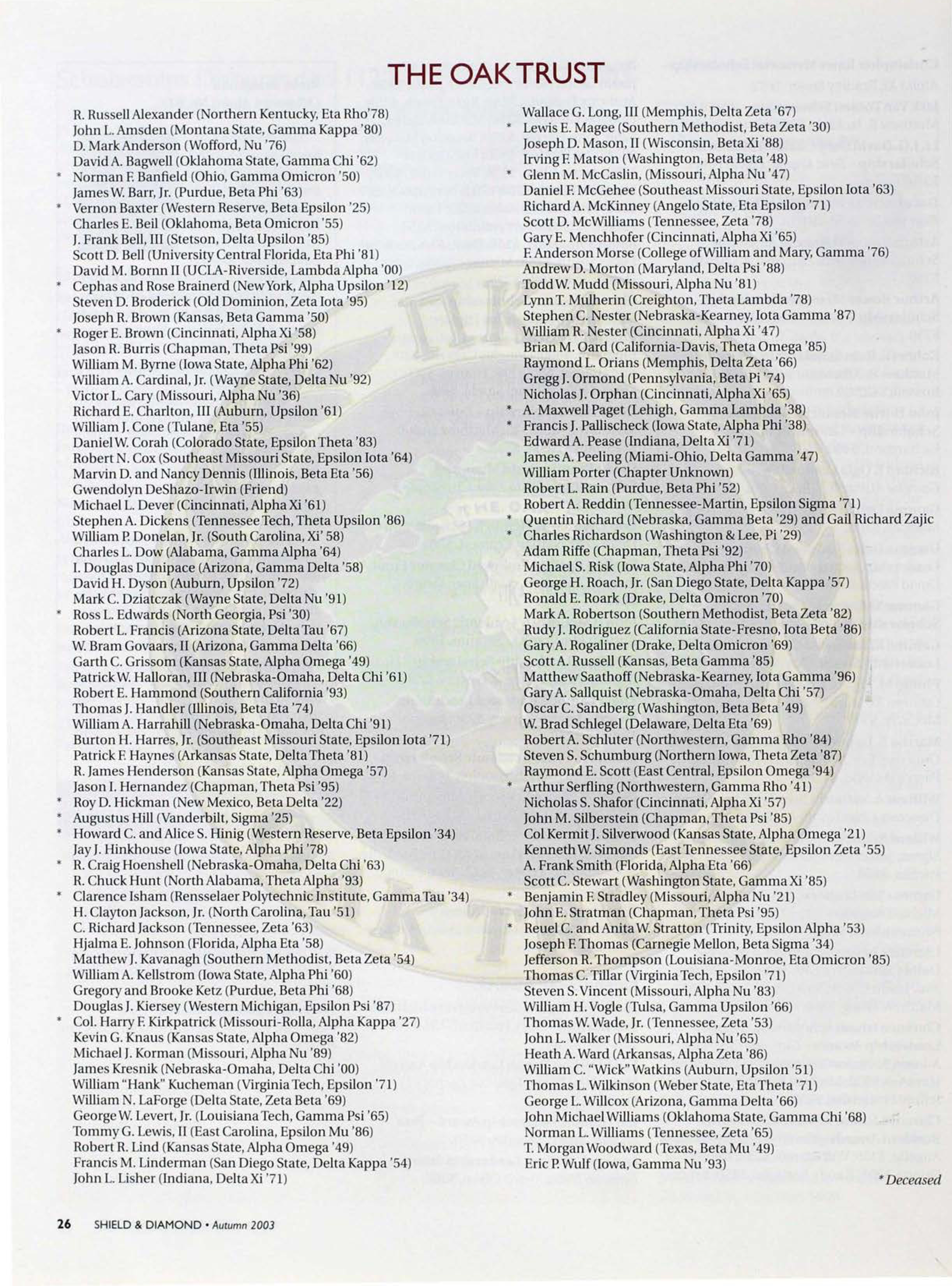 The Oak Trust, Autumn 2003